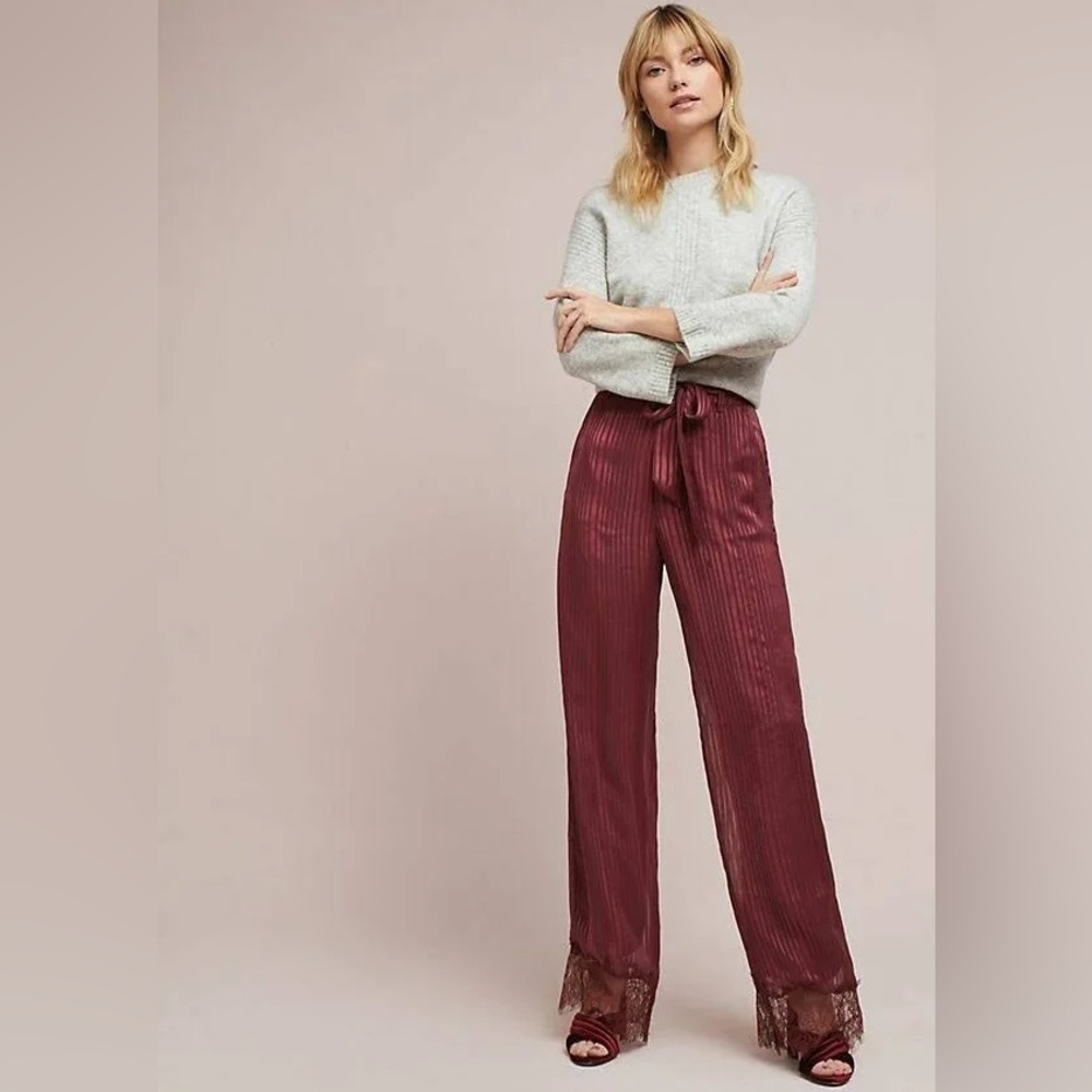 NWT Anthropologie Tularosa Raspberry Laced-hem Wide Leg Pants Large